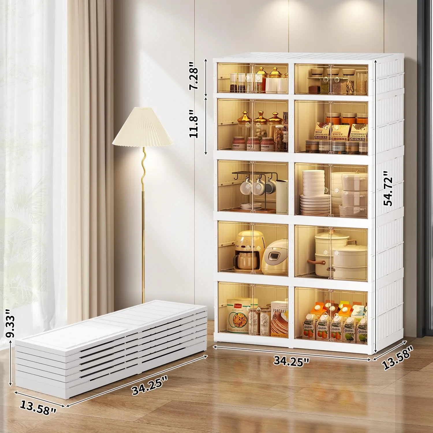 Pantry Cabinet Plastic Foldable with Doors Clear Collapsible Storage Cabinet with Wheels Large Folding Stackable Closet Storage 5-Tier 10Grids Easy Assemble