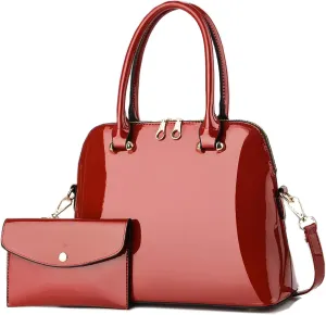Patent Leather Handbags Shiny Shoulder Bag Elegant Top-handle Purse Come with MINI Clutch for Women