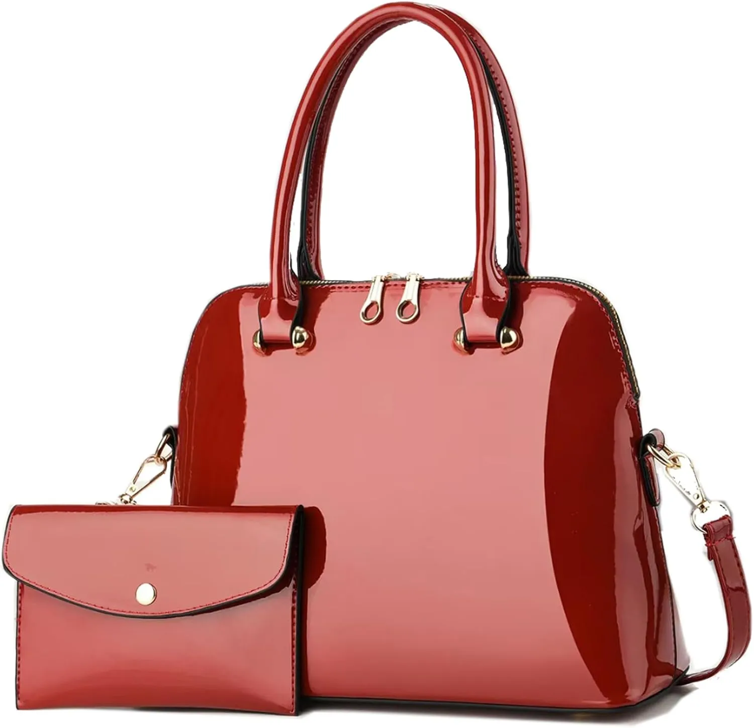 Patent Leather Handbags Shiny Shoulder Bag Elegant Top-handle Purse Come with MINI Clutch for Women