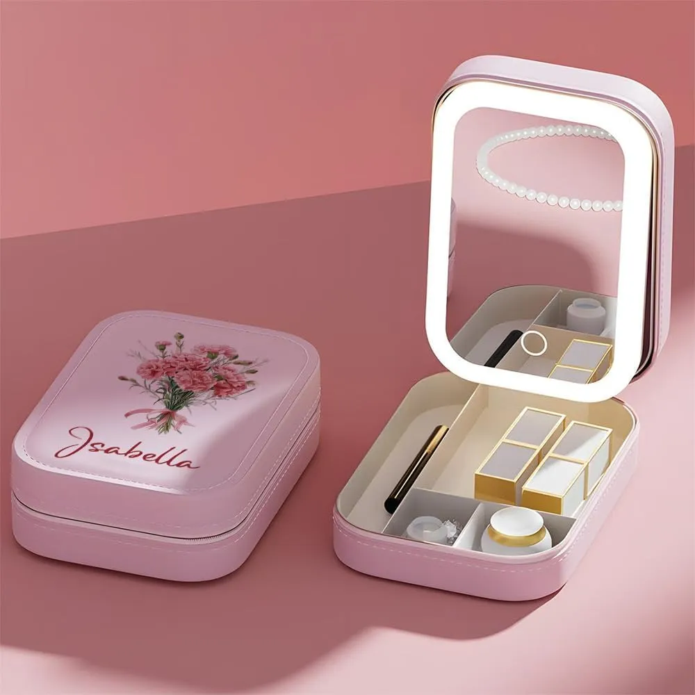 Personalized Birth Flower Travel Makeup Bag With LED Mirror Leather, Custom Name Makeup Organizer Portable Jewelry Organizer Case Valentine's, Birthday, Christmas Gifts for Women, Daughter, Mother
