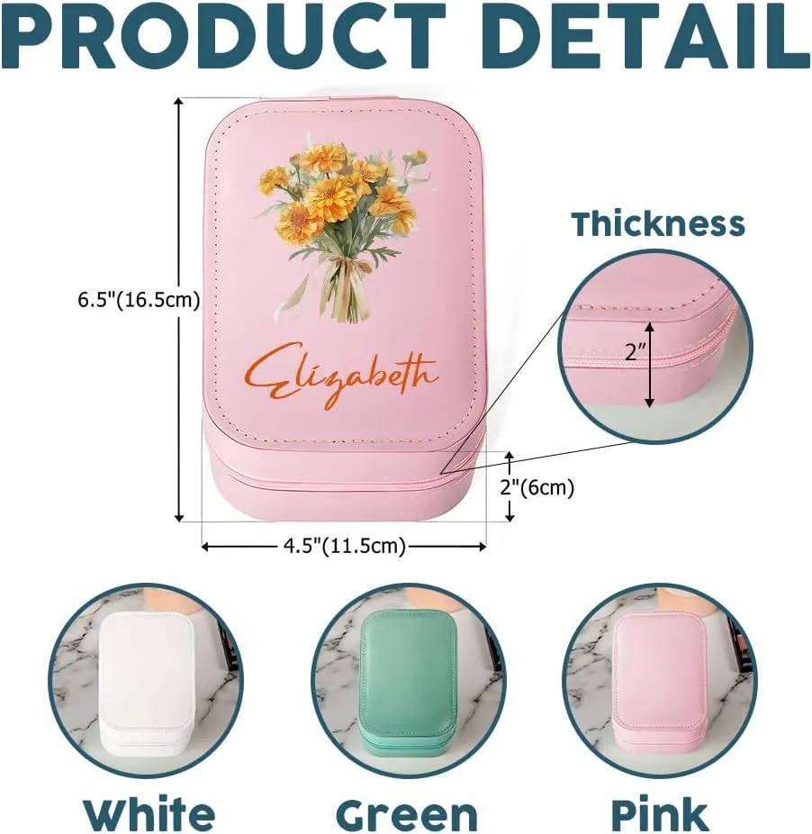 Personalized Birth Flower Travel Makeup Bag With LED Mirror Leather, Custom Name Makeup Organizer Portable Jewelry Organizer Case Valentine's, Birthday, Christmas Gifts for Women, Daughter, Mother