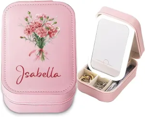 Personalized Birth Flower Travel Makeup Bag With LED Mirror Leather, Custom Name Makeup Organizer Portable Jewelry Organizer Case Valentine's, Birthday, Christmas Gifts for Women, Daughter, Mother