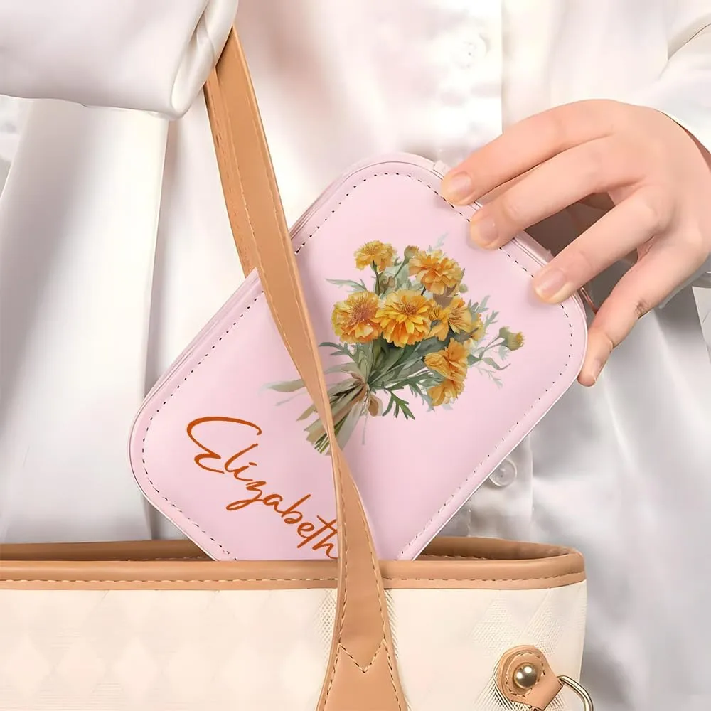 Personalized Birth Flower Travel Makeup Bag With LED Mirror Leather, Custom Name Makeup Organizer Portable Jewelry Organizer Case Valentine's, Birthday, Christmas Gifts for Women, Daughter, Mother