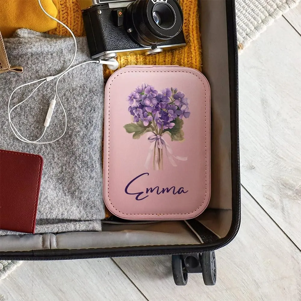 Personalized Birth Flower Travel Makeup Bag With LED Mirror Leather, Custom Name Makeup Organizer Portable Jewelry Organizer Case Valentine's, Birthday, Christmas Gifts for Women, Daughter, Mother