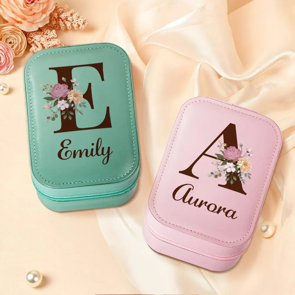 Personalized Birth Flower Travel Makeup Bag With LED Mirror Leather, Makeup Organizer Jewelry Organizer Case Valentine's, Birthday Gifts for Women (PU leather, Custom letter character)