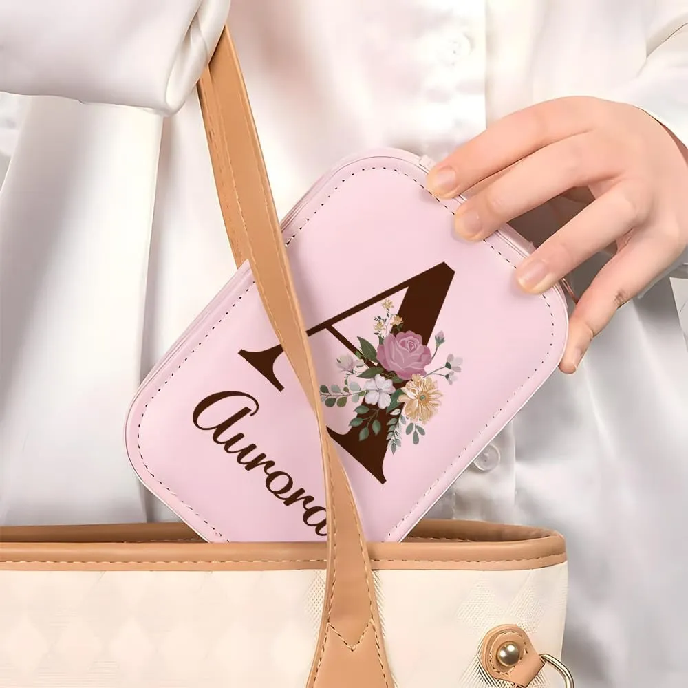 Personalized Birth Flower Travel Makeup Bag With LED Mirror Leather, Makeup Organizer Jewelry Organizer Case Valentine's, Birthday Gifts for Women (PU leather, Custom letter character)