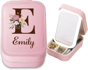 Personalized Birth Flower Travel Makeup Bag With LED Mirror Leather, Makeup Organizer Jewelry Organizer Case Valentine's, Birthday Gifts for Women (PU leather, Custom letter character)