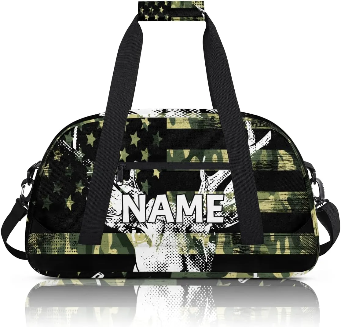 Personalized Custom Gym Bag for Women Men Carry on American Flag Elks Travel Duffel Tote Retro Camouflage Overnight Workout Weekender Bag