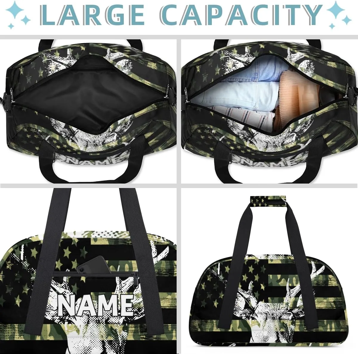 Personalized Custom Gym Bag for Women Men Carry on American Flag Elks Travel Duffel Tote Retro Camouflage Overnight Workout Weekender Bag
