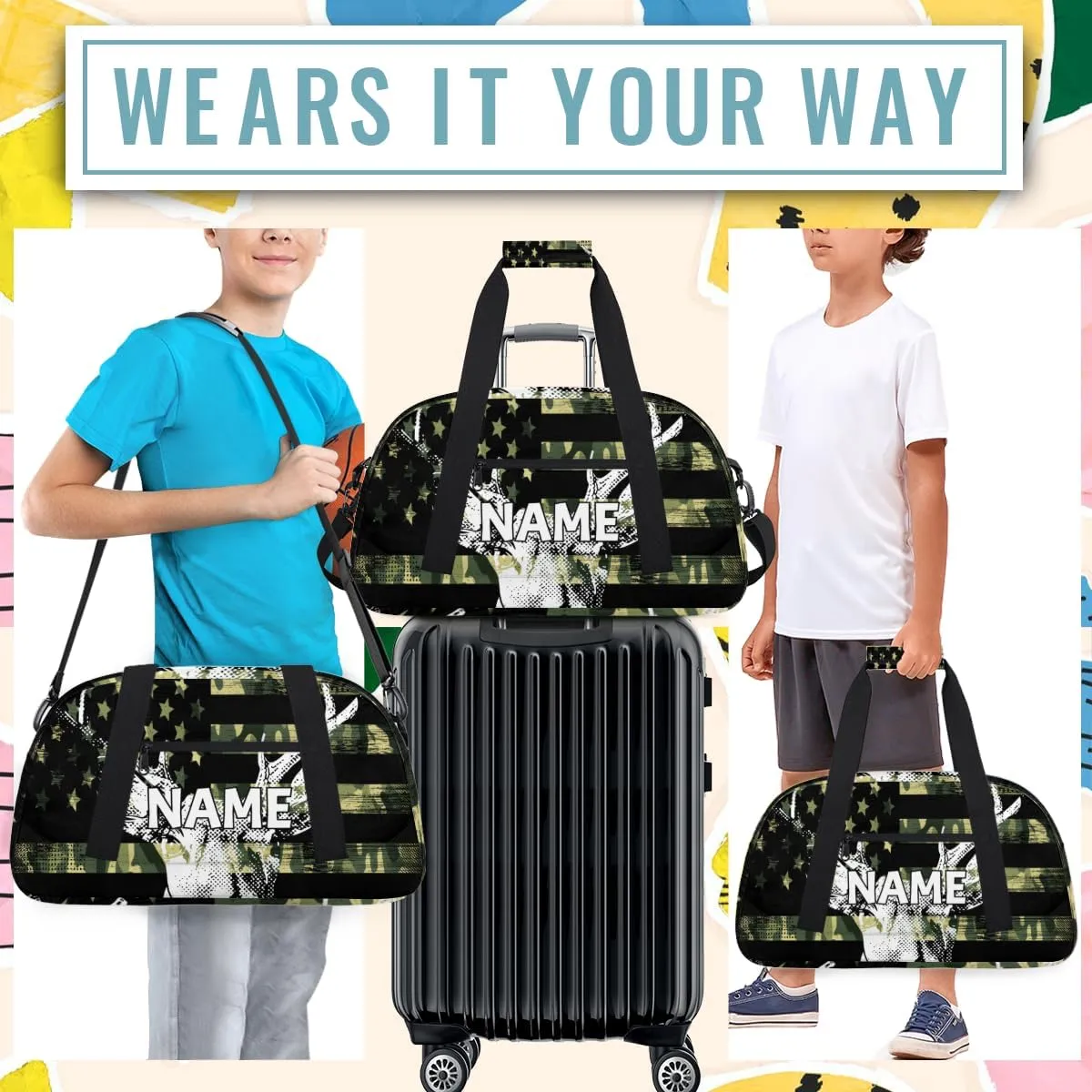 Personalized Custom Gym Bag for Women Men Carry on American Flag Elks Travel Duffel Tote Retro Camouflage Overnight Workout Weekender Bag