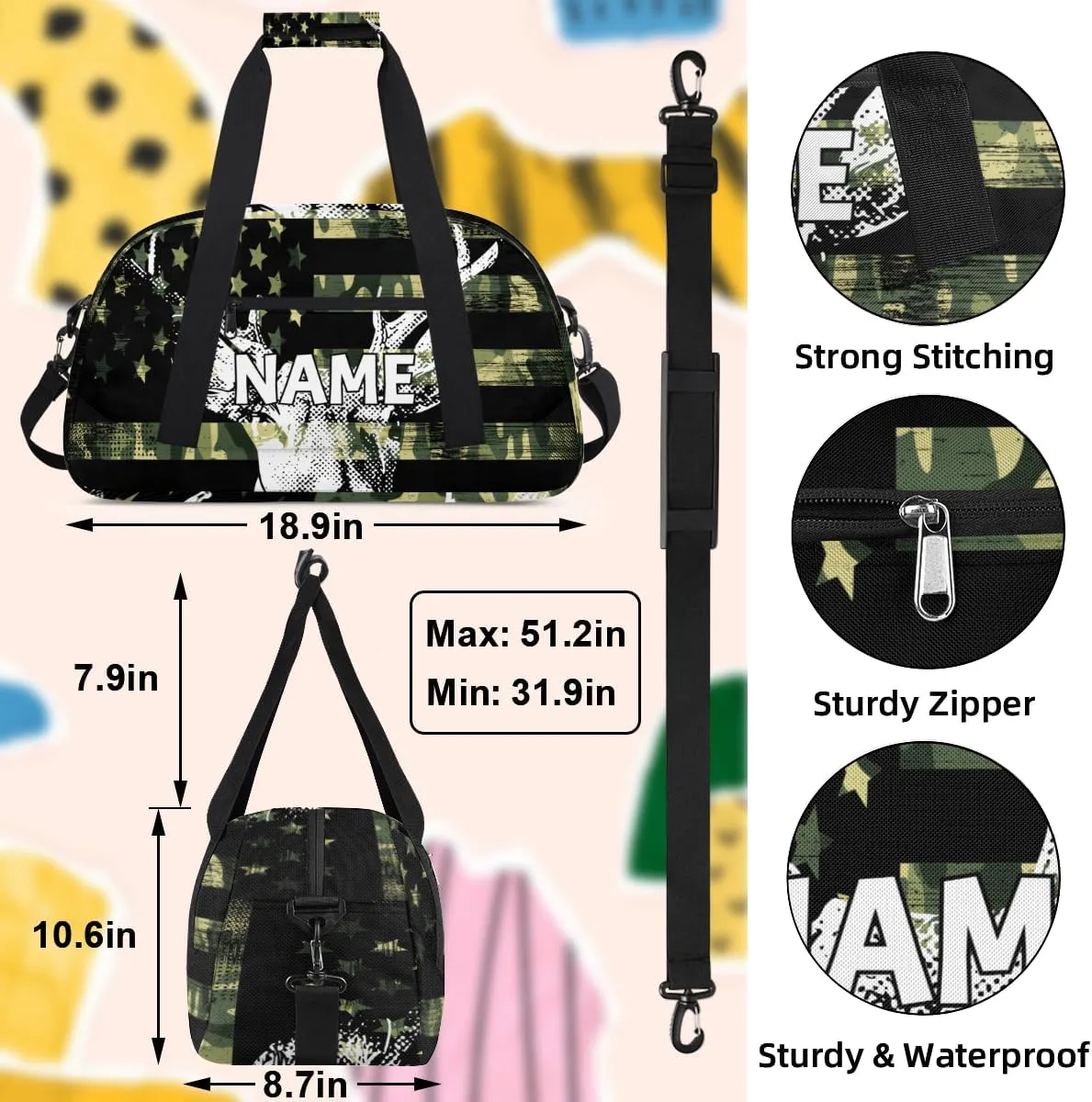 Personalized Custom Gym Bag for Women Men Carry on American Flag Elks Travel Duffel Tote Retro Camouflage Overnight Workout Weekender Bag
