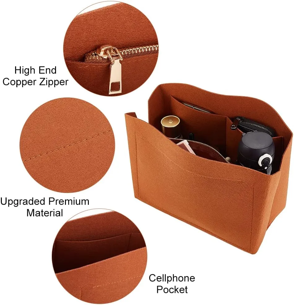 PH PandaHall 1pc Purse Organizer Insert Large Bag Organizer with Alloy Zipper Brown Felt Handbags Base Shaper Shell-Shaped Bag Organizer Tote Liner Pouch for Tote Bag Handbag Purse, 11.8×5.1×9”