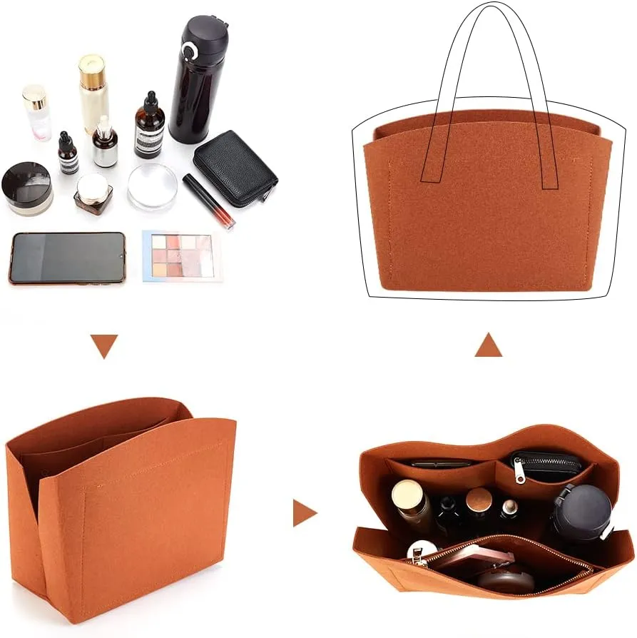 PH PandaHall 1pc Purse Organizer Insert Large Bag Organizer with Alloy Zipper Brown Felt Handbags Base Shaper Shell-Shaped Bag Organizer Tote Liner Pouch for Tote Bag Handbag Purse, 11.8×5.1×9”