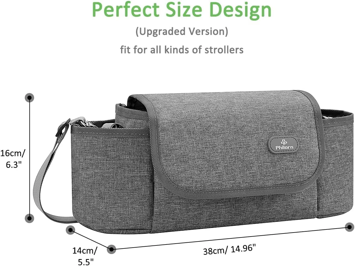 Philorn Stroller Organizer Bag, Universal Stroller Organizer with Insulated Cup Holder, Grey Stroller Caddy Organizer with Detachable Shoulder Strap & Large Space