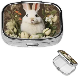 Pill Case with Mirror Retro 2 Compartment Pill Box A Beautiful White Rabbit Small Pill Organizer for Purse or Pocket Decorative Metal Medicine Vitamin Organizer Unique Gifts