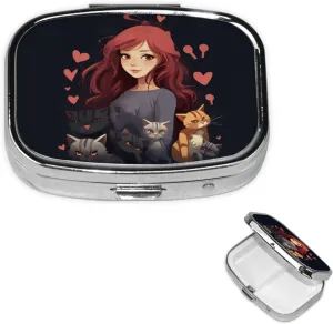 Pill Case with Mirror Retro 2 Compartment Pill Box A Girl who Loves Cats Small Pill Organizer for Purse or Pocket Decorative Metal Medicine Vitamin Organizer Unique Gifts