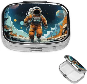 Pill Case with Mirror Retro 2 Compartment Pill Box Astronaut and Spaceship Small Pill Organizer for Purse or Pocket Decorative Metal Medicine Vitamin Organizer Unique Gifts