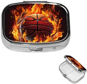 Pill Case with Mirror Retro 2 Compartment Pill Box Basketball Logo with Flames Small Pill Organizer for Purse or Pocket Decorative Metal Medicine Vitamin Organizer Unique Gifts