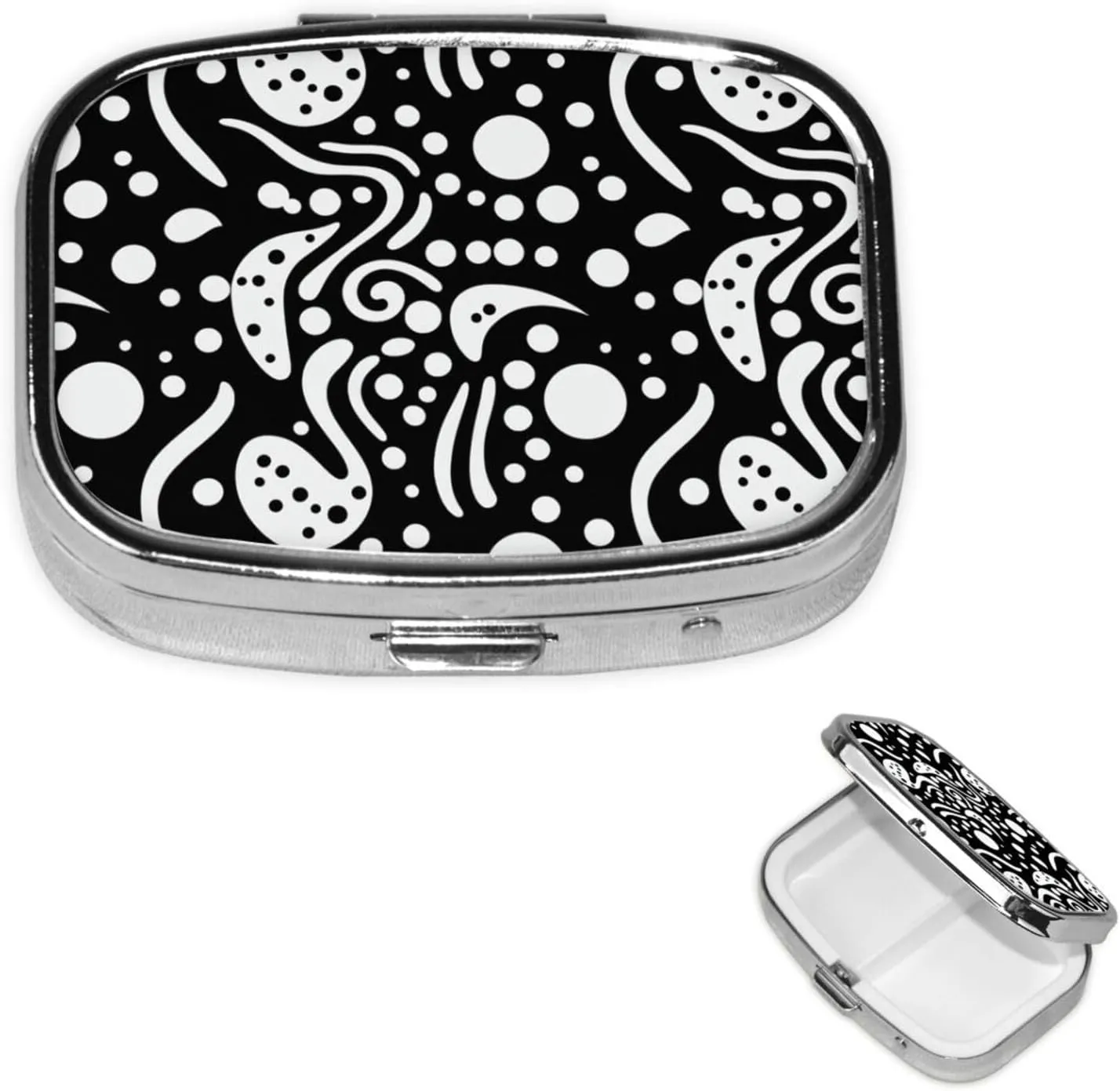 Pill Case with Mirror Retro 2 Compartment Pill Box Black and White Abstract Circles Small Pill Organizer for Purse or Pocket Decorative Metal Medicine Vitamin Organizer Unique Gifts