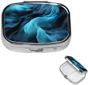 Pill Case with Mirror Retro 2 Compartment Pill Box Blue Fabric Small Pill Organizer for Purse or Pocket Decorative Metal Medicine Vitamin Organizer Unique Gifts