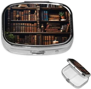 Pill Case with Mirror Retro 2 Compartment Pill Box Books on The Bookshelf Small Pill Organizer for Purse or Pocket Decorative Metal Medicine Vitamin Organizer Unique Gifts