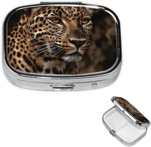 Pill Case with Mirror Retro 2 Compartment Pill Box Brown Leopard Image Small Pill Organizer for Purse or Pocket Decorative Metal Medicine Vitamin Organizer Unique Gifts