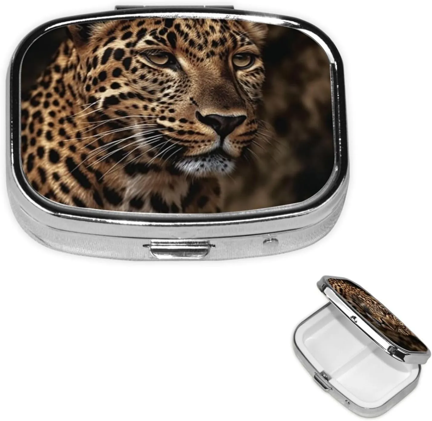Pill Case with Mirror Retro 2 Compartment Pill Box Brown Leopard Image Small Pill Organizer for Purse or Pocket Decorative Metal Medicine Vitamin Organizer Unique Gifts