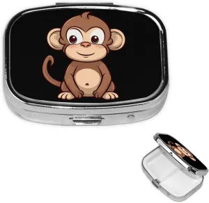Pill Case with Mirror Retro 2 Compartment Pill Box Cartoon Brown Monkey Small Pill Organizer for Purse or Pocket Decorative Metal Medicine Vitamin Organizer Unique Gifts