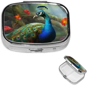 Pill Case with Mirror Retro 2 Compartment Pill Box Colorful Peacock Small Pill Organizer for Purse or Pocket Decorative Metal Medicine Vitamin Organizer Unique Gifts