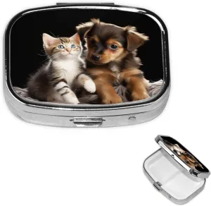 Pill Case with Mirror Retro 2 Compartment Pill Box Cute Cats and Dogs Playing Small Pill Organizer for Purse or Pocket Decorative Metal Medicine Vitamin Organizer Unique Gifts