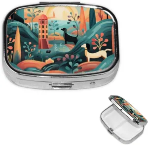 Pill Case with Mirror Retro 2 Compartment Pill Box Dachshund Pattern Small Pill Organizer for Purse or Pocket Decorative Metal Medicine Vitamin Organizer Unique Gifts