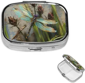 Pill Case with Mirror Retro 2 Compartment Pill Box Dancing Dragonfly Small Pill Organizer for Purse or Pocket Decorative Metal Medicine Vitamin Organizer Unique Gifts