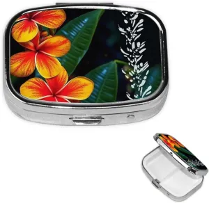 Pill Case with Mirror Retro 2 Compartment Pill Box Eye-catching Hawaiian Flowers Small Pill Organizer for Purse or Pocket Decorative Metal Medicine Vitamin Organizer Unique Gifts