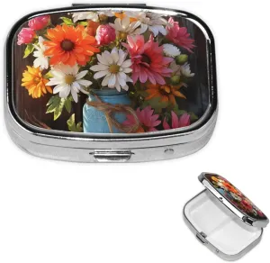 Pill Case with Mirror Retro 2 Compartment Pill Box Farm Fresh Flowers Spring Small Pill Organizer for Purse or Pocket Decorative Metal Medicine Vitamin Organizer Unique Gifts