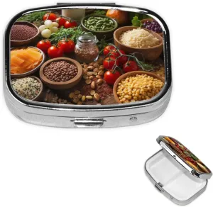 Pill Case with Mirror Retro 2 Compartment Pill Box Farmhouse Food Pictures Small Pill Organizer for Purse or Pocket Decorative Metal Medicine Vitamin Organizer Unique Gifts