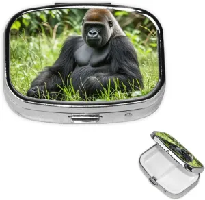 Pill Case with Mirror Retro 2 Compartment Pill Box Gorilla in The Grass Small Pill Organizer for Purse or Pocket Decorative Metal Medicine Vitamin Organizer Unique Gifts