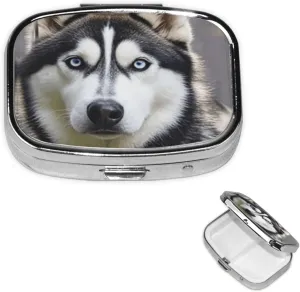 Pill Case with Mirror Retro 2 Compartment Pill Box Husky Dog Small Pill Organizer for Purse or Pocket Decorative Metal Medicine Vitamin Organizer Unique Gifts