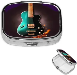 Pill Case with Mirror Retro 2 Compartment Pill Box Music Green Guitar Small Pill Organizer for Purse or Pocket Decorative Metal Medicine Vitamin Organizer Unique Gifts