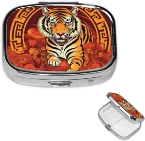Pill Case with Mirror Retro 2 Compartment Pill Box Prosperity in The Year of The Tiger Small Pill Organizer for Purse or Pocket Decorative Metal Medicine Vitamin Organizer Unique Gifts