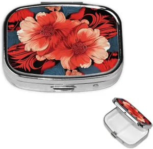 Pill Case with Mirror Retro 2 Compartment Pill Box Red Floral Pattern Small Pill Organizer for Purse or Pocket Decorative Metal Medicine Vitamin Organizer Unique Gifts