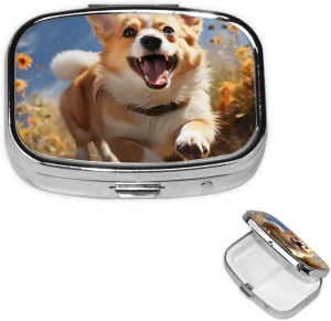 Pill Case with Mirror Retro 2 Compartment Pill Box Running Corgi Small Pill Organizer for Purse or Pocket Decorative Metal Medicine Vitamin Organizer Unique Gifts