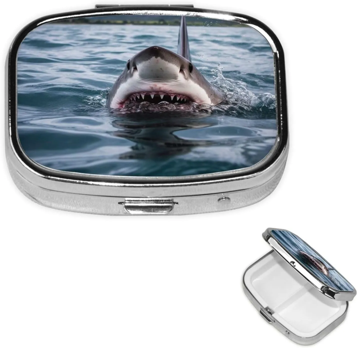 Pill Case with Mirror Retro 2 Compartment Pill Box Shark in The Lake Small Pill Organizer for Purse or Pocket Decorative Metal Medicine Vitamin Organizer Unique Gifts