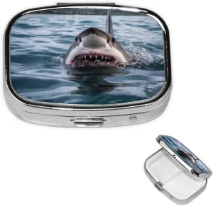 Pill Case with Mirror Retro 2 Compartment Pill Box Shark in The Lake Small Pill Organizer for Purse or Pocket Decorative Metal Medicine Vitamin Organizer Unique Gifts