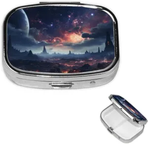 Pill Case with Mirror Retro 2 Compartment Pill Box Space Stars Small Pill Organizer for Purse or Pocket Decorative Metal Medicine Vitamin Organizer Unique Gifts