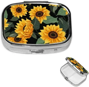 Pill Case with Mirror Retro 2 Compartment Pill Box Sunflower Pattern Small Pill Organizer for Purse or Pocket Decorative Metal Medicine Vitamin Organizer Unique Gifts