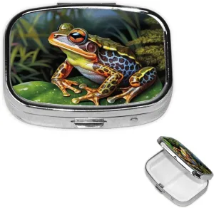 Pill Case with Mirror Retro 2 Compartment Pill Box Tropical Forest Frog Small Pill Organizer for Purse or Pocket Decorative Metal Medicine Vitamin Organizer Unique Gifts