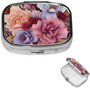 Pill Case with Mirror Retro 2 Compartment Pill Box Violet and Crimson Flowers Small Pill Organizer for Purse or Pocket Decorative Metal Medicine Vitamin Organizer Unique Gifts