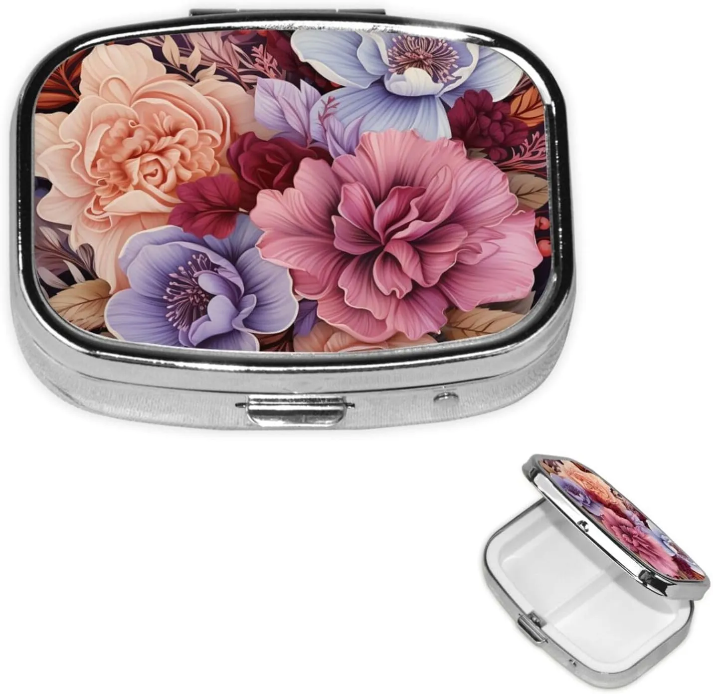 Pill Case with Mirror Retro 2 Compartment Pill Box Violet and Crimson Flowers Small Pill Organizer for Purse or Pocket Decorative Metal Medicine Vitamin Organizer Unique Gifts