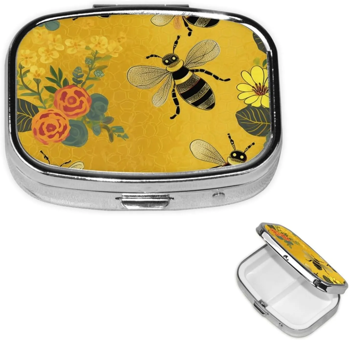 Pill Case with Mirror Retro 2 Compartment Pill Box Welcome Bees Small Pill Organizer for Purse or Pocket Decorative Metal Medicine Vitamin Organizer Unique Gifts