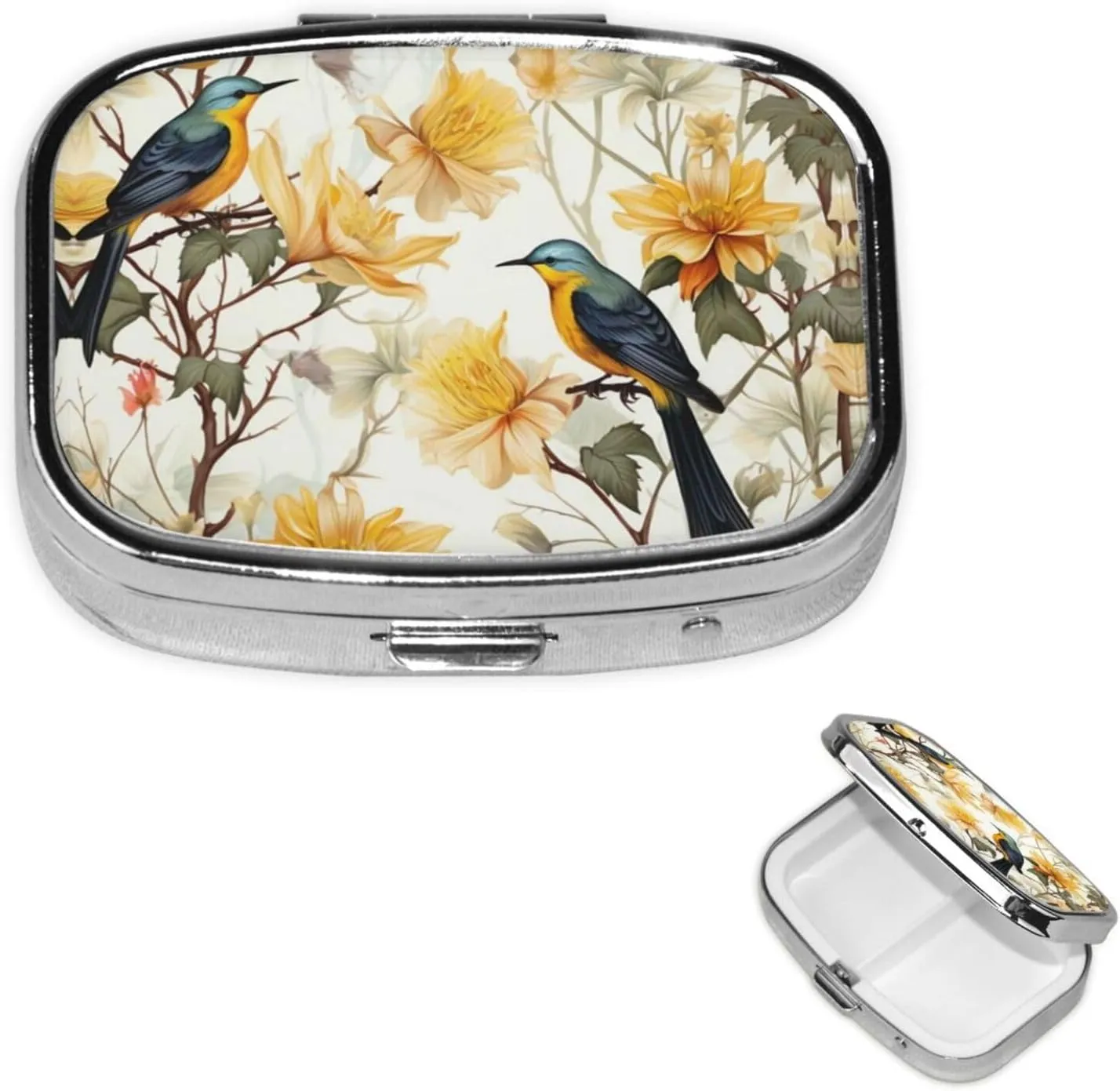 Pill Case with Mirror Retro 2 Compartment Pill Box Yellow Flowers and Birds Small Pill Organizer for Purse or Pocket Decorative Metal Medicine Vitamin Organizer Unique Gifts